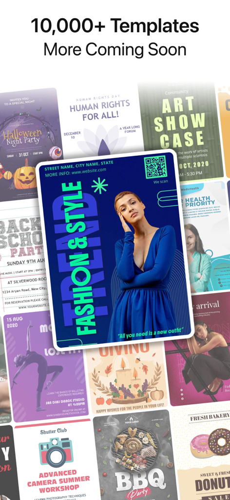 Poster Maker Flyer Maker - A gallery showing a variety of poster and flyer templates for different events and businesses.