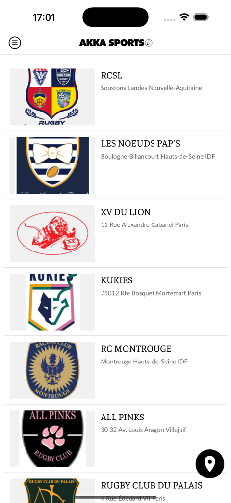 Akka sports - List of French rugby clubs with logos and locations in the Akka sports app
