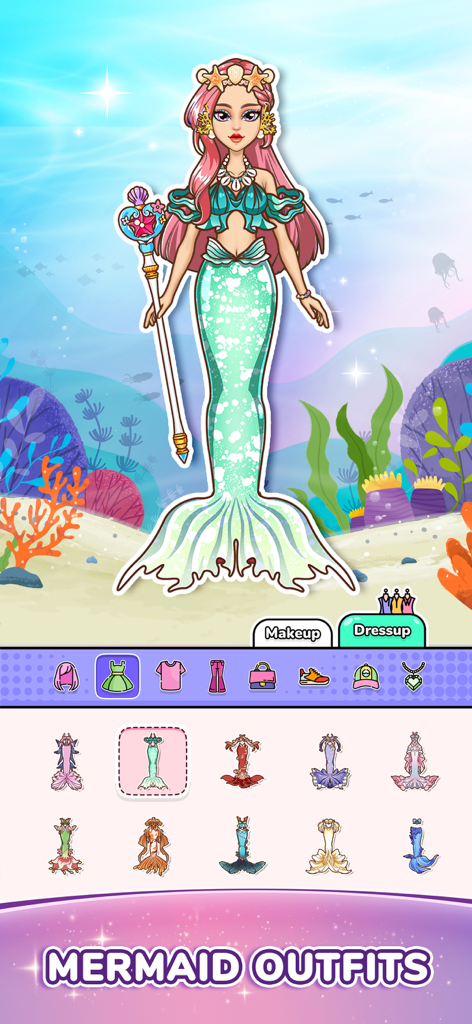 DIY Paper Doll Dress Up - A pink haired mermaid paper doll in an underwater dress up game scene with various outfit options