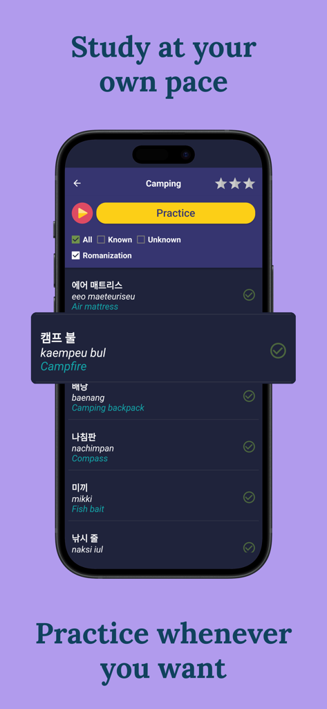 Learn Korean (Beginners) - Smartphone screen displaying Korean vocabulary for camping with translations and romanization