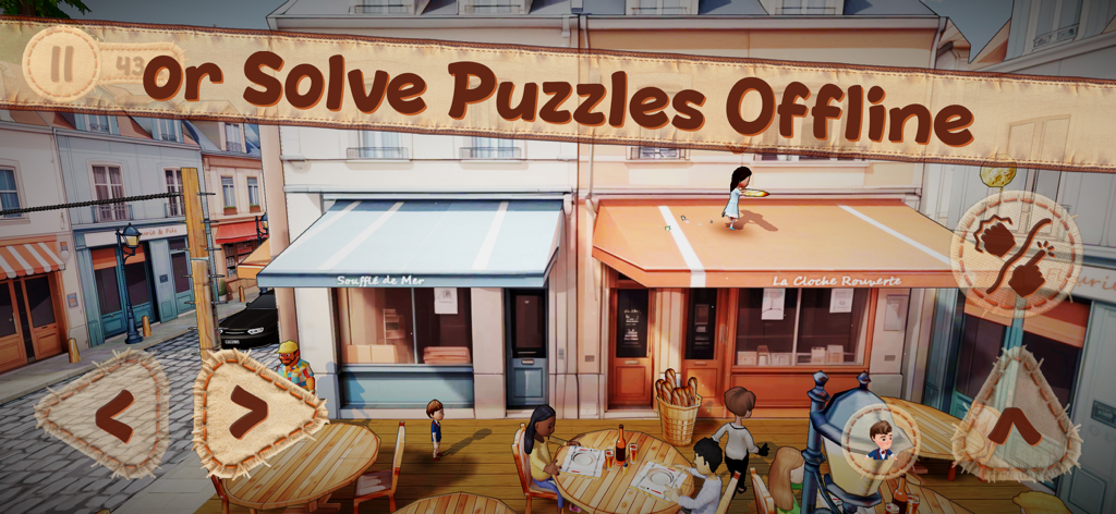 Pepelo 2: Around the World - Captura de tela da jogabilidade de Pepelo 2 mostrando personagens em uma rua europeia com texto do modo de quebra-cabeça offline.