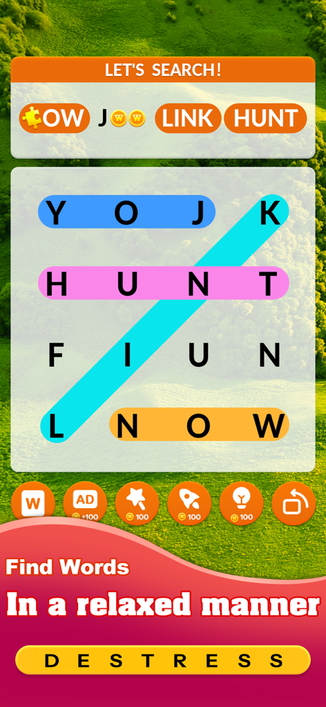 Word Search Master! - Interface do jogo mobile Word Search Master mostrando um quebra-cabeça de busca de palavras com destaques coloridos em um fundo verde exuberante da natureza
