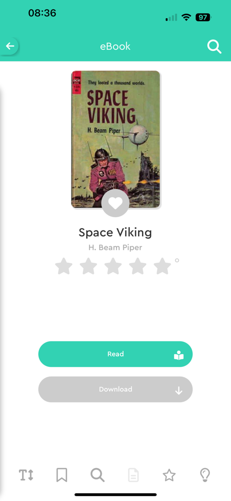 Digitalbook: audiobooks ebooks - Digitalbook app interface showing the ebook details for Space Viking by H. Beam Piper with read and download options