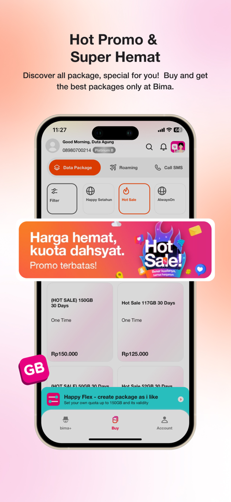 bima+ - Smartphone showing bima plus app hot sale promotions and data package options for Indonesian mobile subscribers