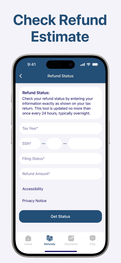 Captura de pantalla de la aplicación IRS2Go tax calculator que muestra la página de verificación del estado del reembolso con campos para el año fiscal y el estado civil.