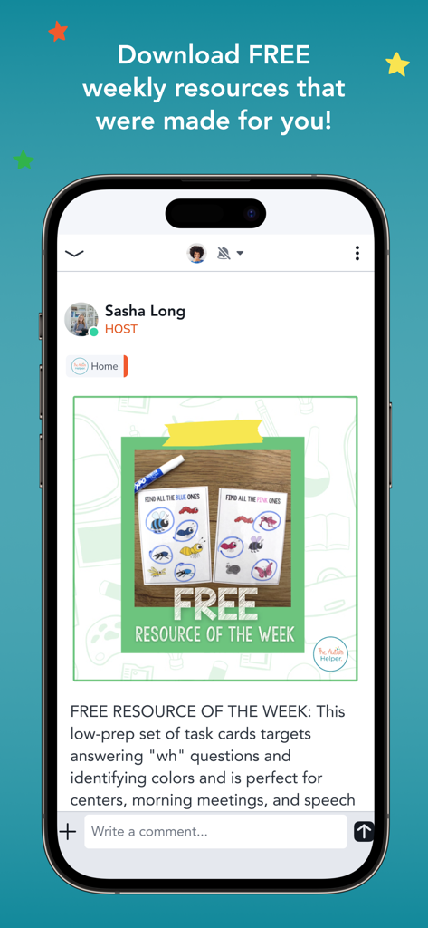 The Autism Helper mobile app screen showing free weekly educational resources and task cards for special education