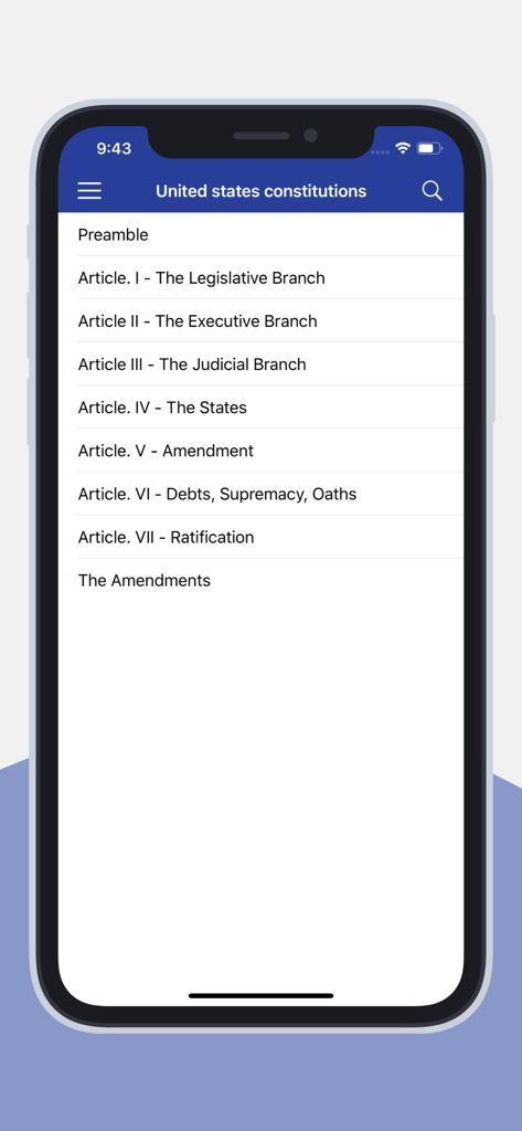 USA constitution App - Main menu screen of the USA Constitution app listing the preamble articles and amendments