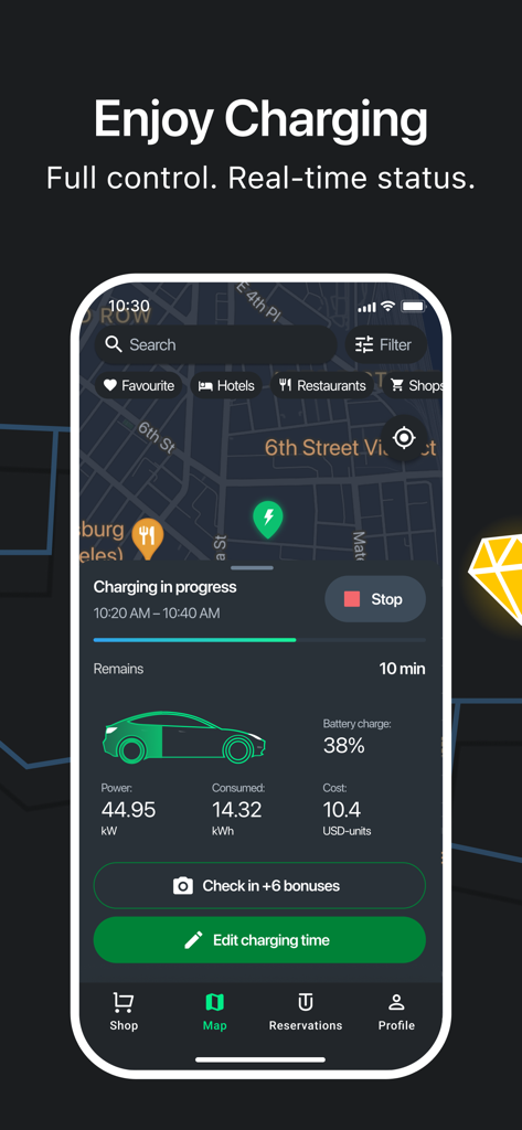 GO TO-U: EV Charging App - バッテリー状態と消費データを表示する、リアルタイムのEV充電セッション中のGO TO-Uアプリのモバイルインターフェース