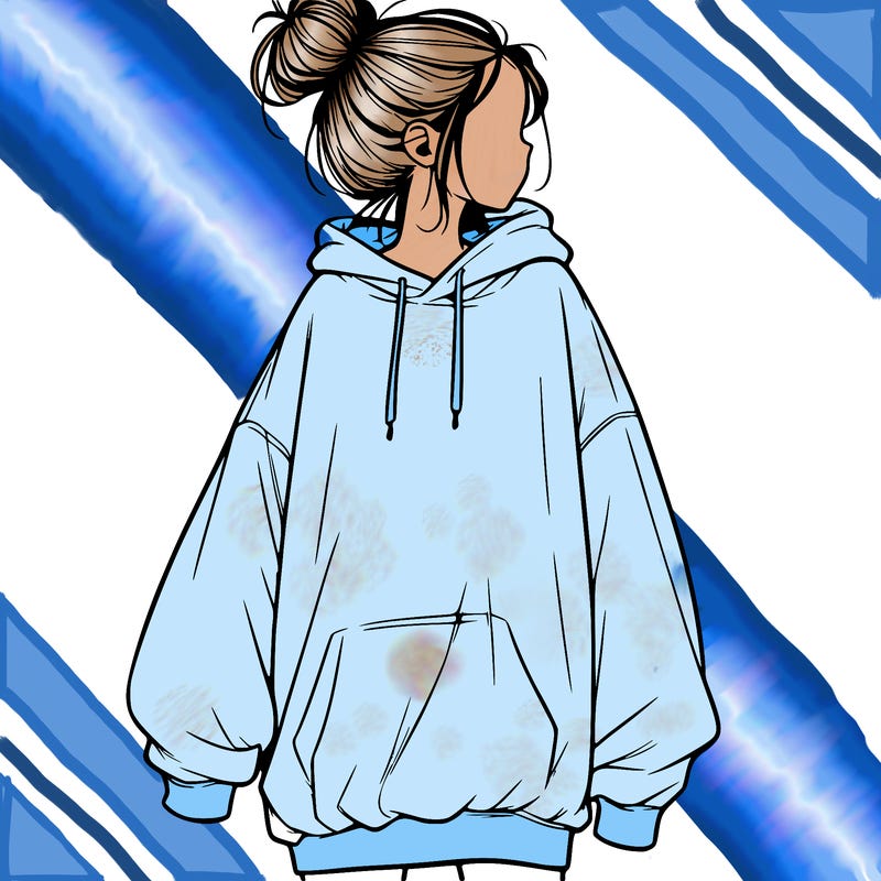 realistic girl with a oversized sweatshirt on and a bun