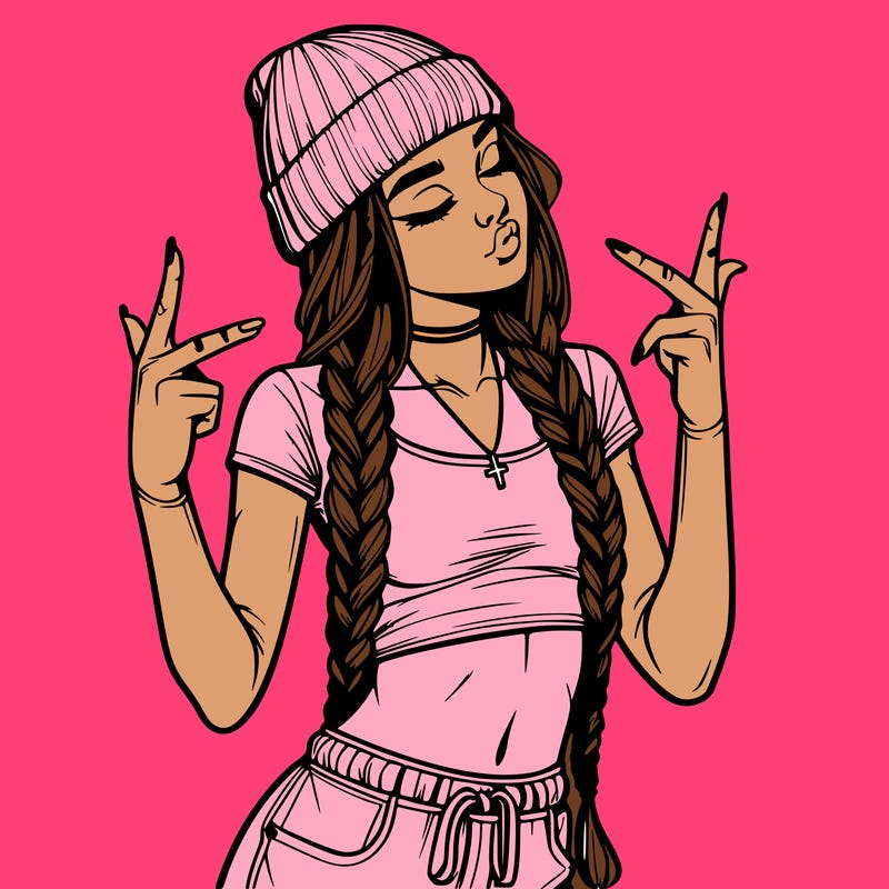 realistic teenage girl with braids and a beanie and crop top doing 🫶🏼
