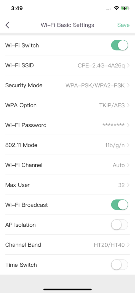 Wefast - Wefastモバイルアプリのインターフェース。SSID、セキュリティモード、CPEデバイスのパスワード管理などのWi-Fi基本設定が表示されています。