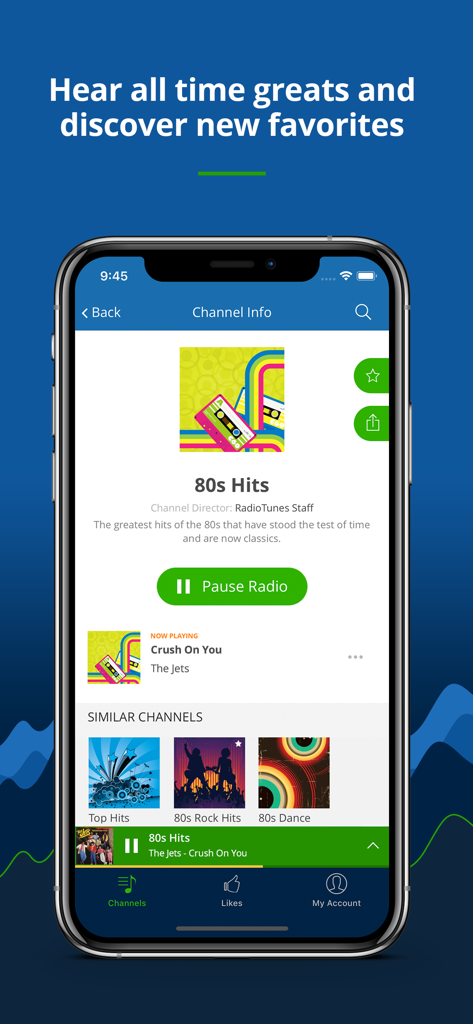 Interfaz de la aplicación móvil Radio Tunes mostrando información del canal de éxitos de los 80 y controles del reproductor.