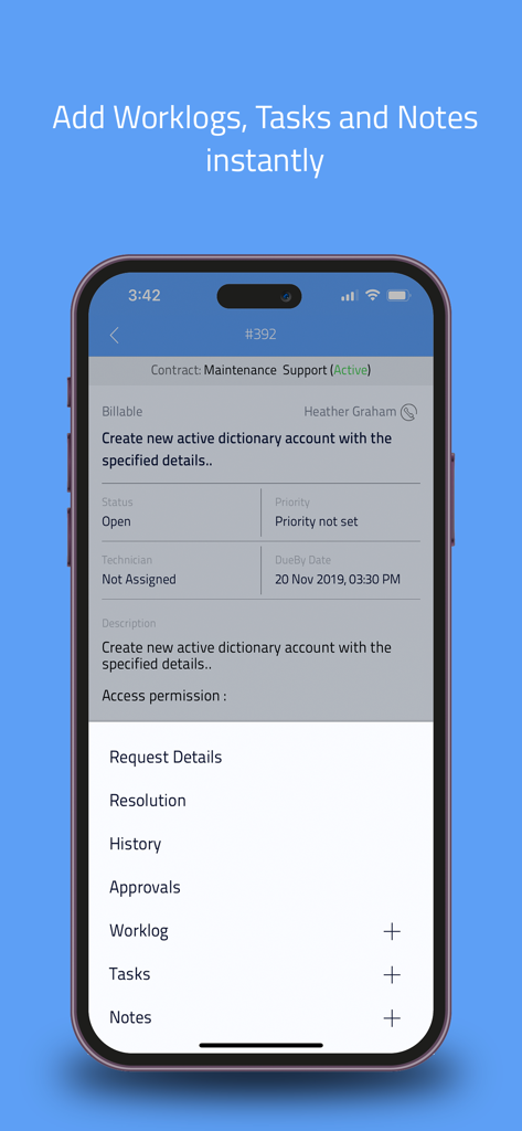 ServiceDesk Plus MSP mobile app interface showing ticket details and options to add worklogs, tasks, and notes