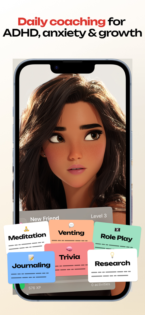 Interfaz de la aplicación Joii en un smartphone mostrando un avatar IA y tarjetas de actividad para meditación, diario y desahogo bajo un titular de coaching diario.