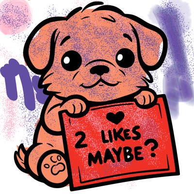 a puppy holding a sign that says 2 likes maybe?