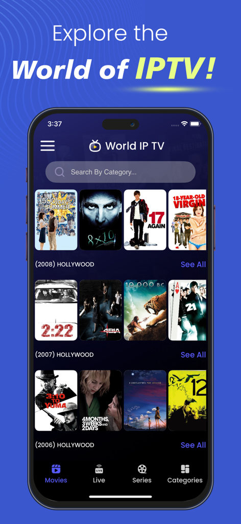 IPTV Smart Player, Live Stream - IPTV Smart Player app interface showing a collection of Hollywood movies