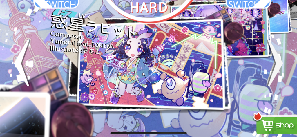 MUSYNX - Yunomi feat. TORIENA의 곡을 위한 다채로운 애니메이션 스타일 일러스트가 특징인 MUSYNX 리듬 게임 곡 선택 화면