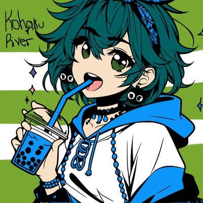 hot baddie anime girl drinking boba and biting the straw