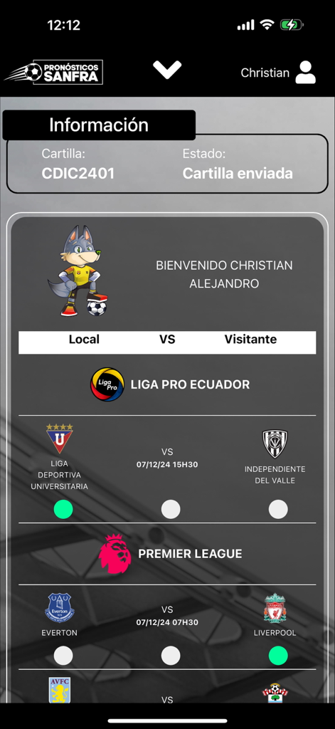 Ponósticos SanFra - Interface de l'application Pronósticos SanFra affichant les prédictions de matchs de football pour la Liga Pro Équateur et la Premier League.