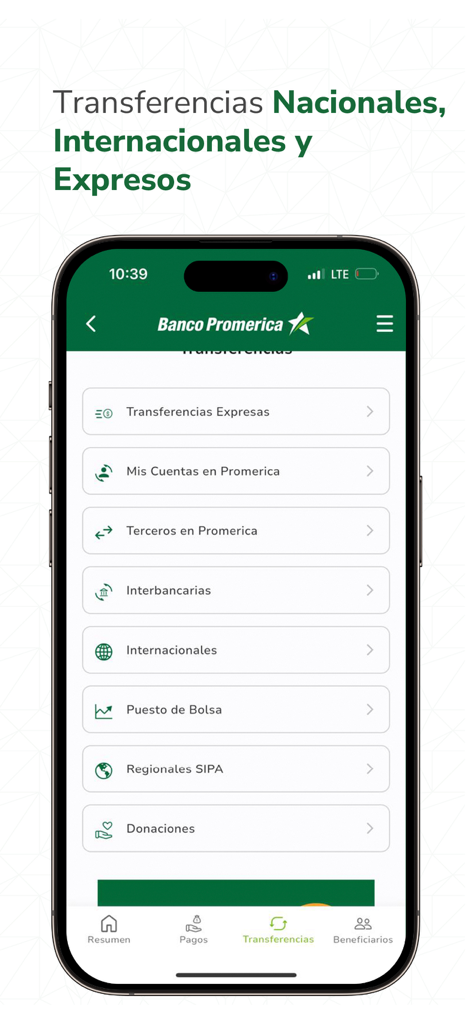 Promerica banking app screen showing national and international transfer options