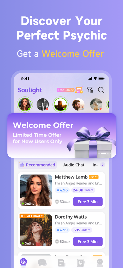 Soulight-Online Psychic Advice - Interface de l'application Soulight montrant les profils des conseillers psychiques et une fenêtre contextuelle d'offre de bienvenue pour les nouveaux utilisateurs