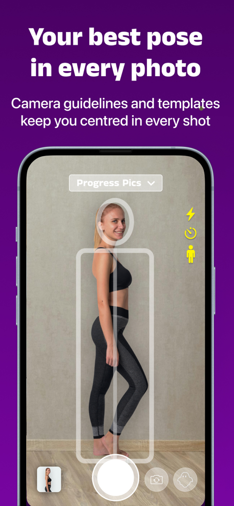 My Body Tracker: PhotoJourney - A woman using the app camera with a body alignment guide overlay for a consistent fitness progress photo.