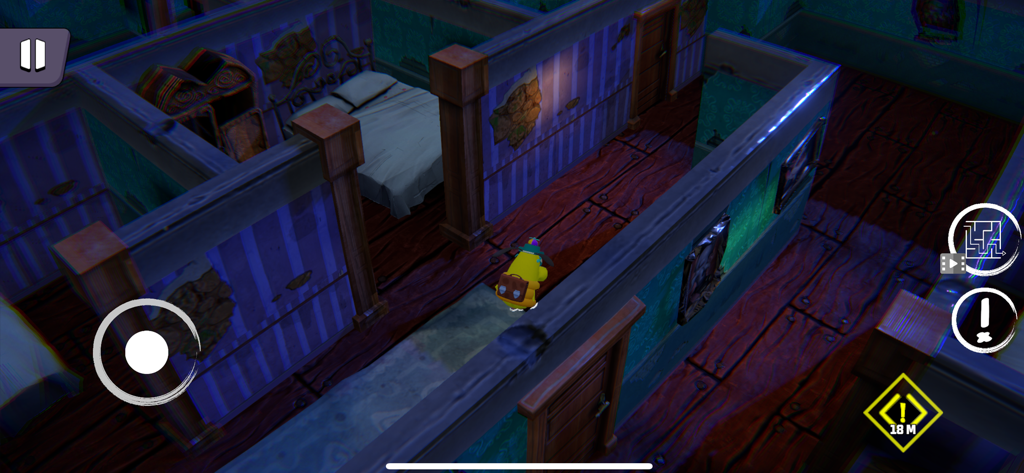 Personagem de cachorro amarelo explorando uma casa arrepiante no jogo de terror Scary Dog