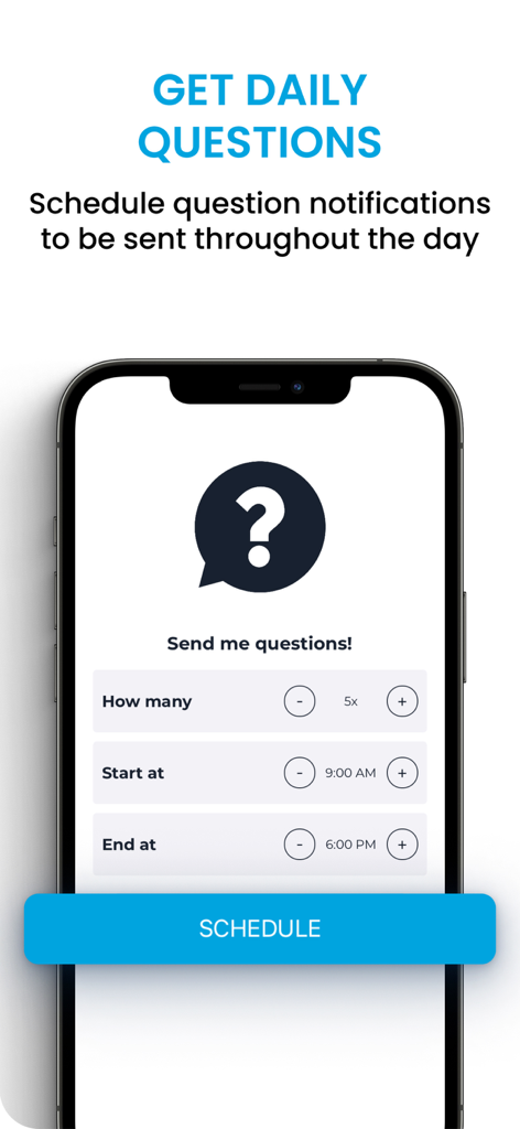 Sparks - Couple Questions App - Smartphone screen displaying the Sparks app scheduling interface for daily question notifications.