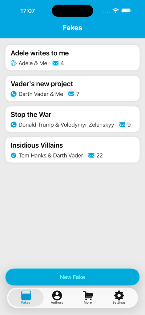 A dashboard within the Faker 2 app showing a list of simulated chat conversations including fictional dialogues with celebrities.