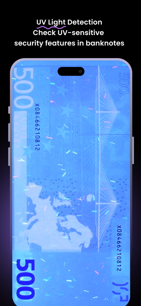 Cash Guard: Identify Fake Bill - Interface do aplicativo Cash Guard mostrando a detecção de luz UV em uma nota de 500 Euros