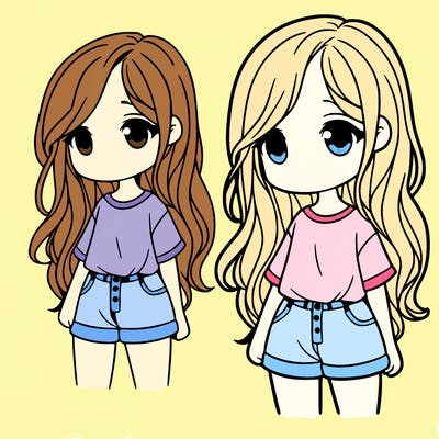 a girl with long hair and a short shirt and pants