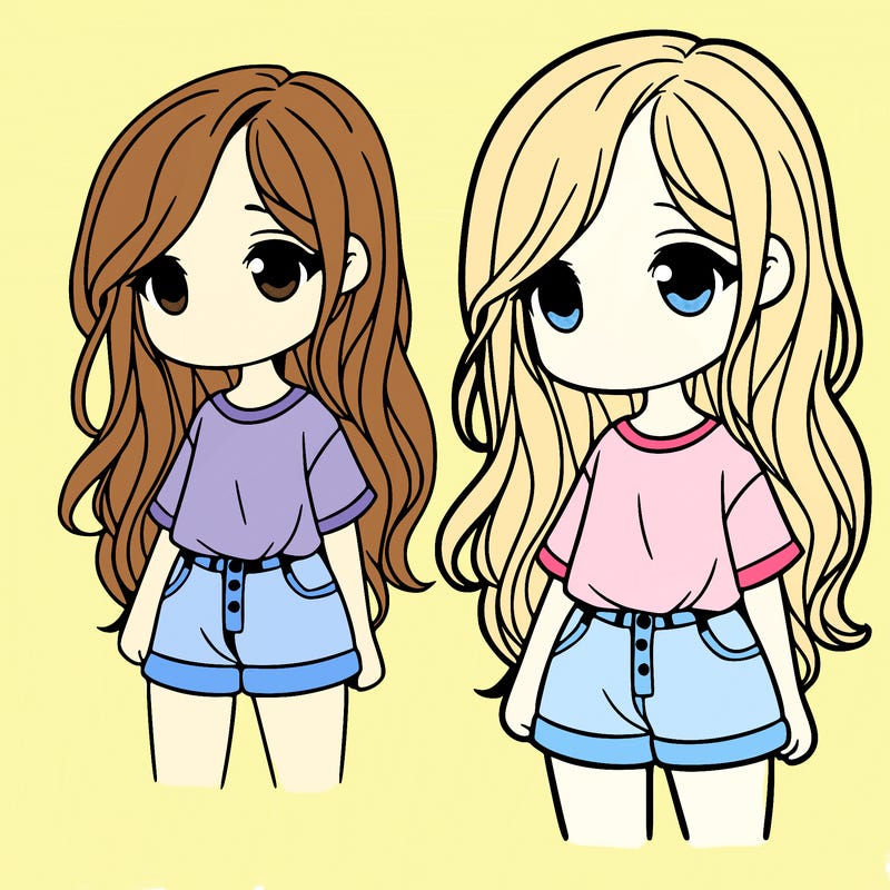 a girl with long hair and a short shirt and pants