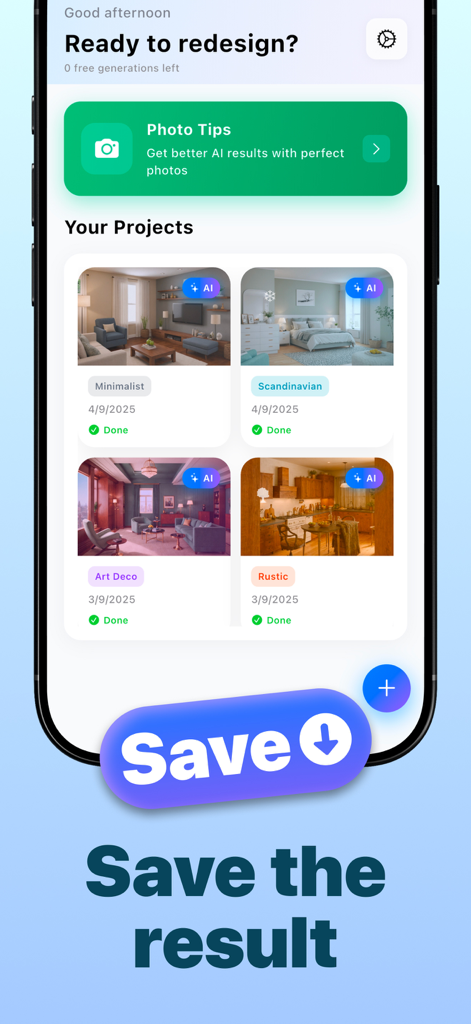 Interface de l'application Ai Home Design montrant des projets de relooking de pièces enregistrés dans différents styles