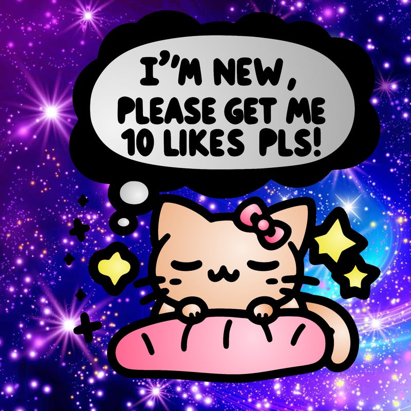kitty taking a nap dream talking and saying "i'm new, please get me at least 10 likes pls!!"