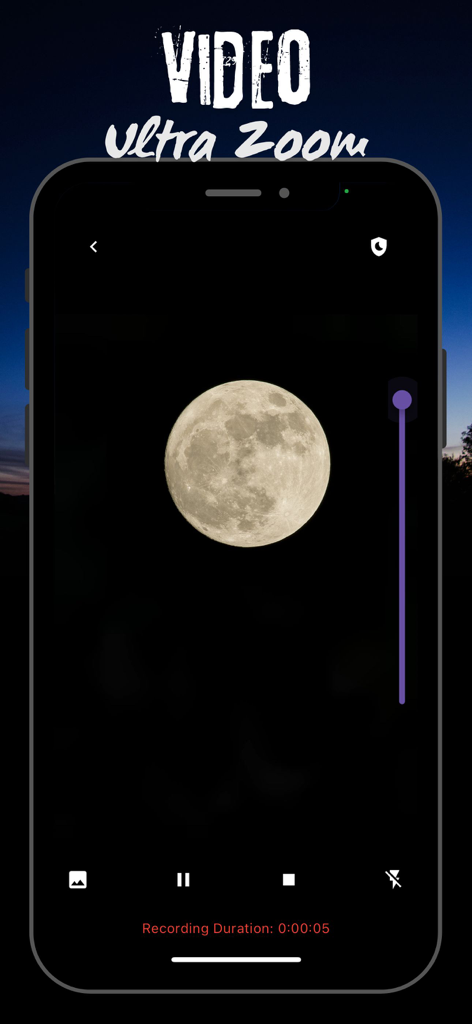 A smartphone recording a high magnification video of the moon using the Ultra Camera Zoom 100x app