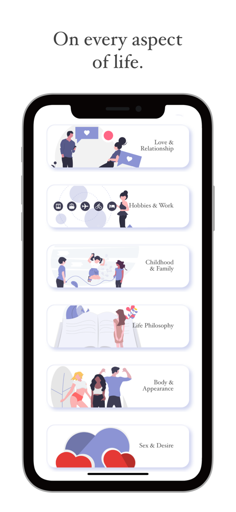Interfaz de la aplicación Cherry que muestra múltiples categorías para juegos de pareja, incluyendo Amor, Infancia y Sexo.
