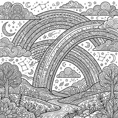 Immerse yourself in a world of intricate beauty with this detailed adult coloring page featuring two grand, patterned rainbows. This enchanting landscape is designed to provide hours of relaxing and mindful coloring.