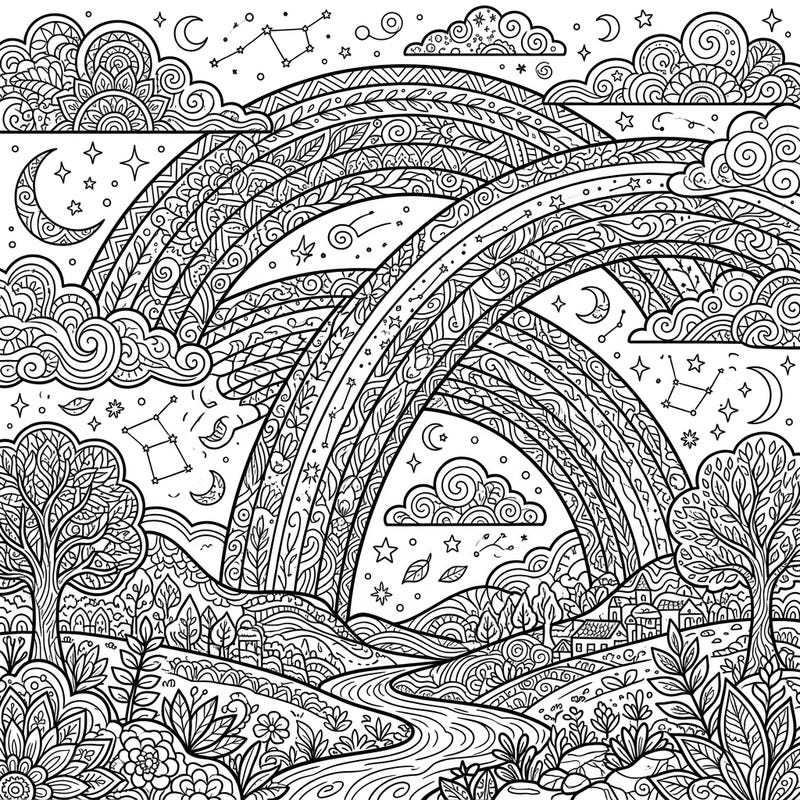 Immerse yourself in a world of intricate beauty with this detailed adult coloring page featuring two grand, patterned rainbows. This enchanting landscape is designed to provide hours of relaxing and mindful coloring.