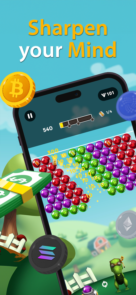 Bubble shooter gameplay from the Bubble Burst app showing colorful bubbles and game rewards