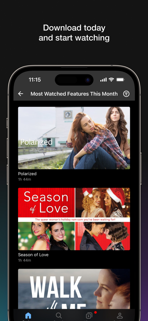 Tello Films - Tello Films mobile app interface showcasing popular queer women films like Polarized and Season of Love.