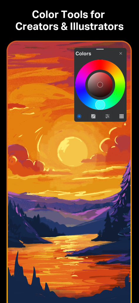 Interface da roda de cores do Sketch Pro e ilustração digital de pôr do sol