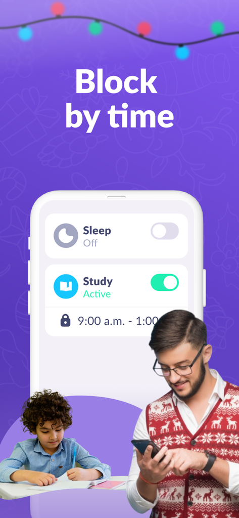 Parent using the Kids360 app to schedule screen time limits while their child studies