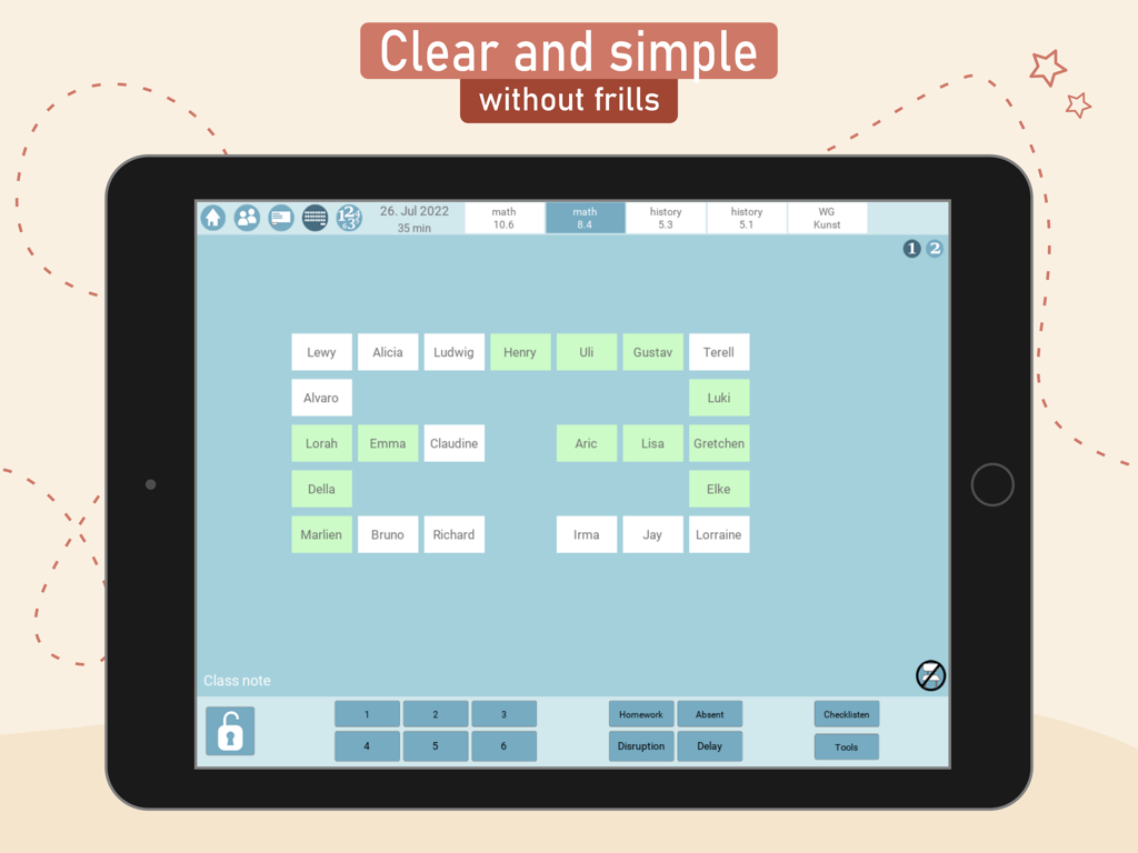 Teachers EasyNote - iPad screen showing the Teachers EasyNote visual seating plan interface for classroom management