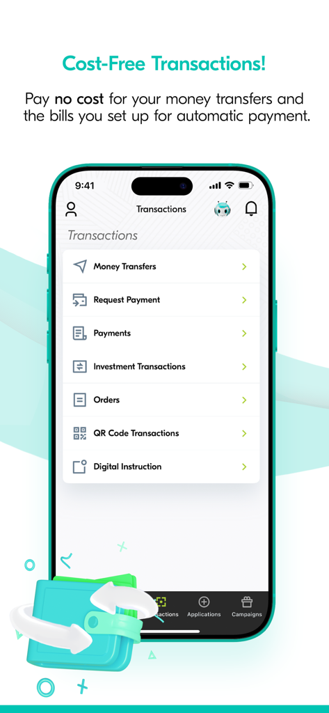 Bildschirm mit Transaktionen der Turkiye Finans Mobile App mit Optionen für Geldüberweisung und Zahlung