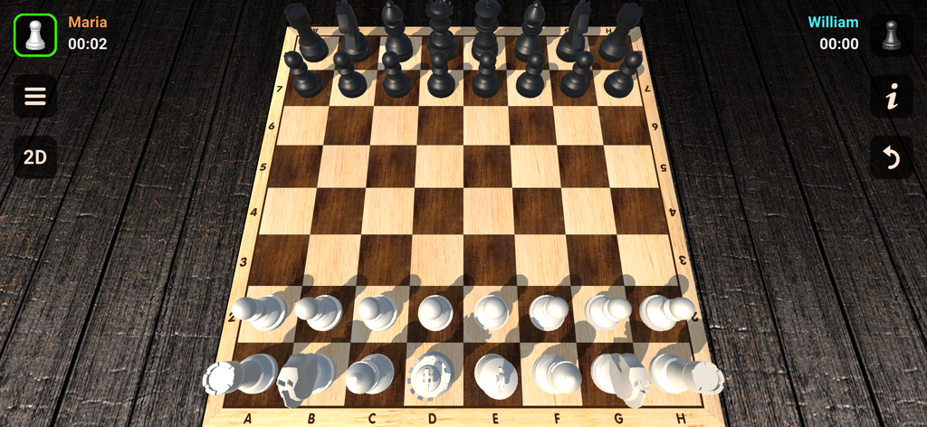 A 3D perspective view of a classic wooden chessboard with black and white pieces during a local two-player game