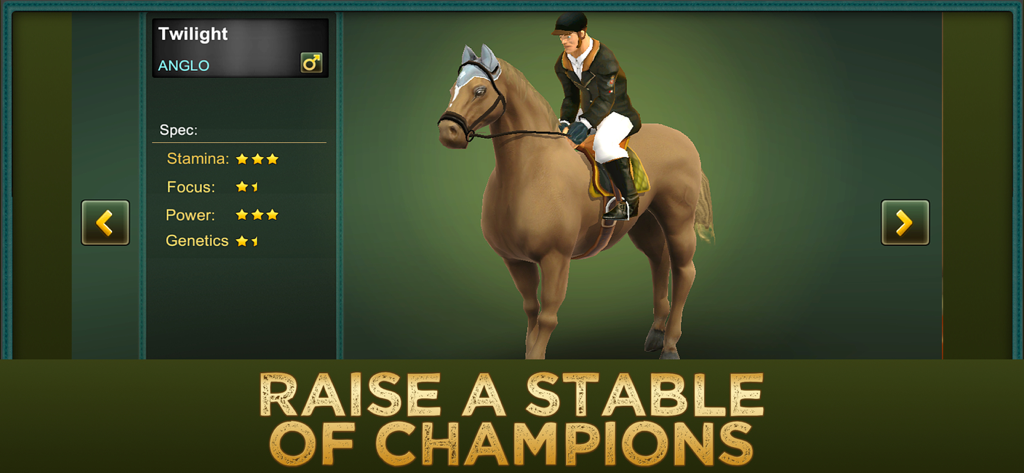 Jumping Horses Champions 2 - Jumping Horses Champions 2 game interface showing horse attributes like stamina and power for a horse named Twilight