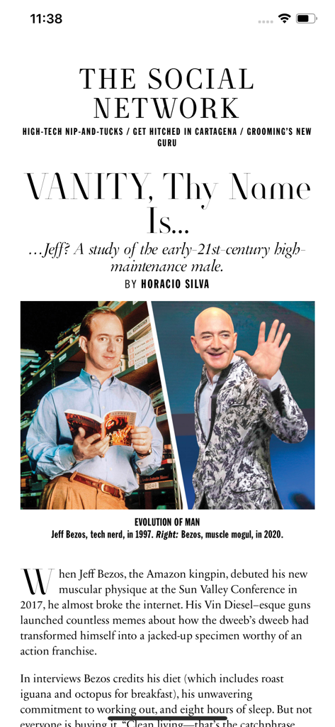 Town & Country Magazine US - An article about Jeff Bezos physical evolution in the Town and Country Magazine app