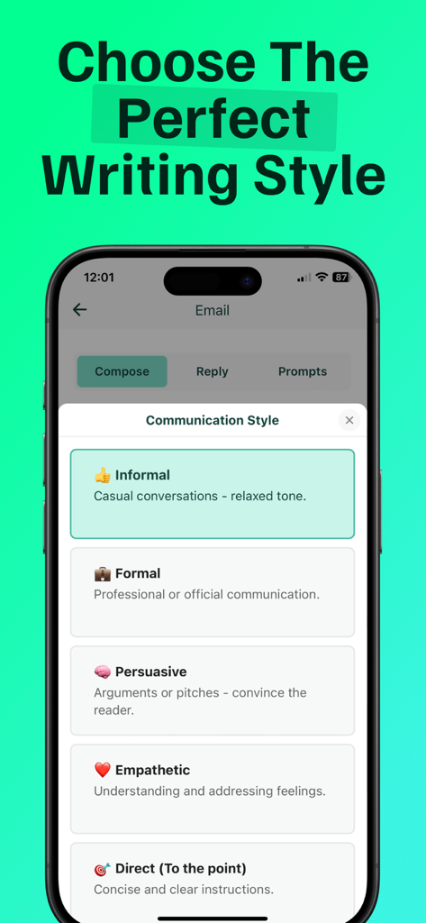 Texting AI Message Generator - Mobile app screen showing a menu of communication styles like informal formal persuasive and empathetic for AI message generation
