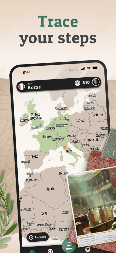 ハイライトされた国を示すヨーロッパの地図とローマ元老院のデジタル収集可能なカードを表示するモバイルアプリのスクリーンショット。