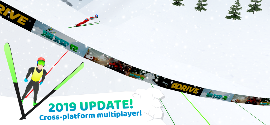 Ski Jump 18 game screenshot announcing cross platform multiplayer update